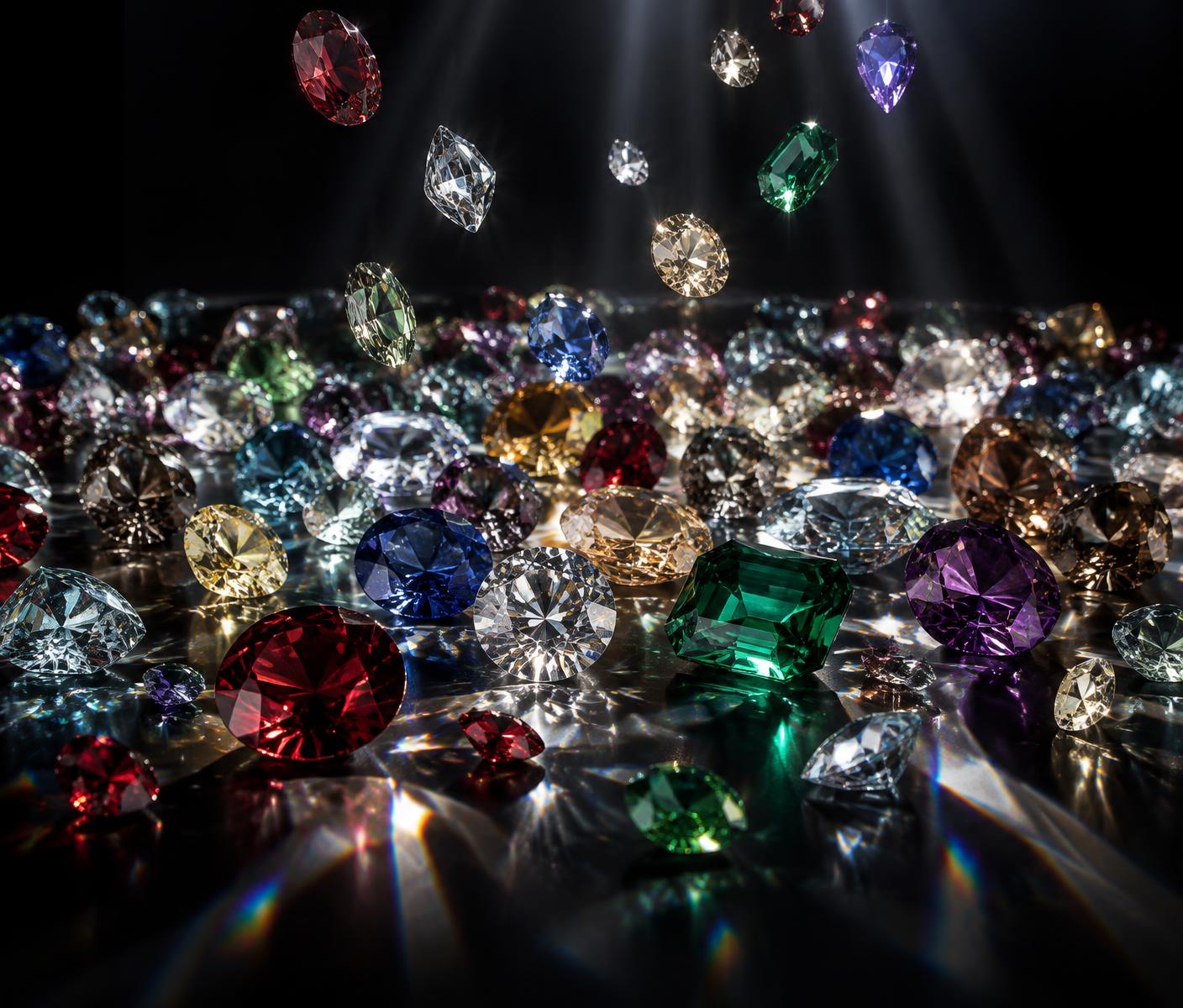 Colored crystals falling into a luminous pool of scattered crystals on an obsidian surface