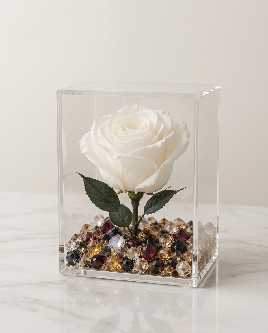 Preserved white rose set in a clear case above a bed of colored crystals