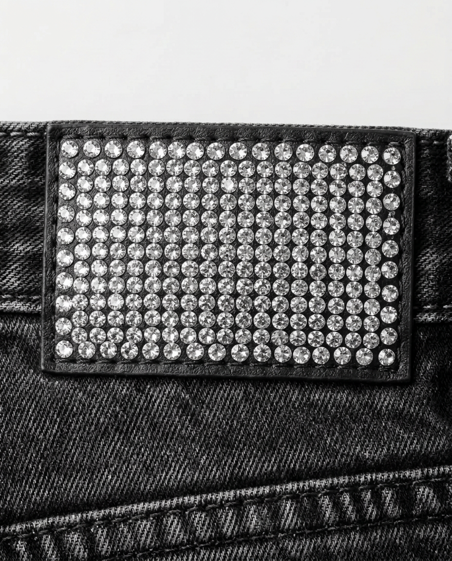 Close view of a black denim label fully covered in clear crystals