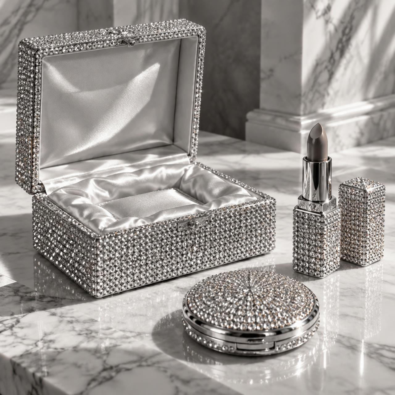 Crystal embellished presentation box and makeup objects