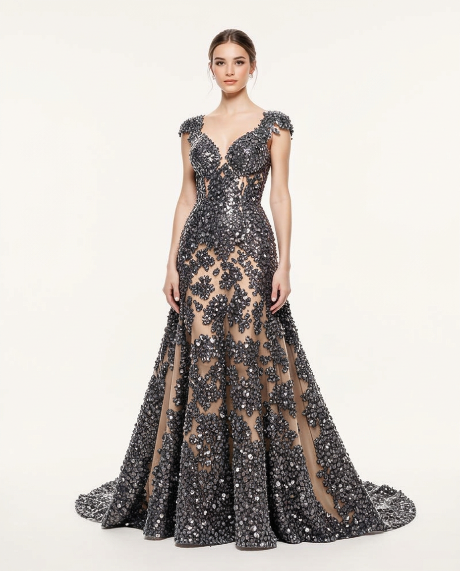 Couture gown embroidered with dense faceted crystal work