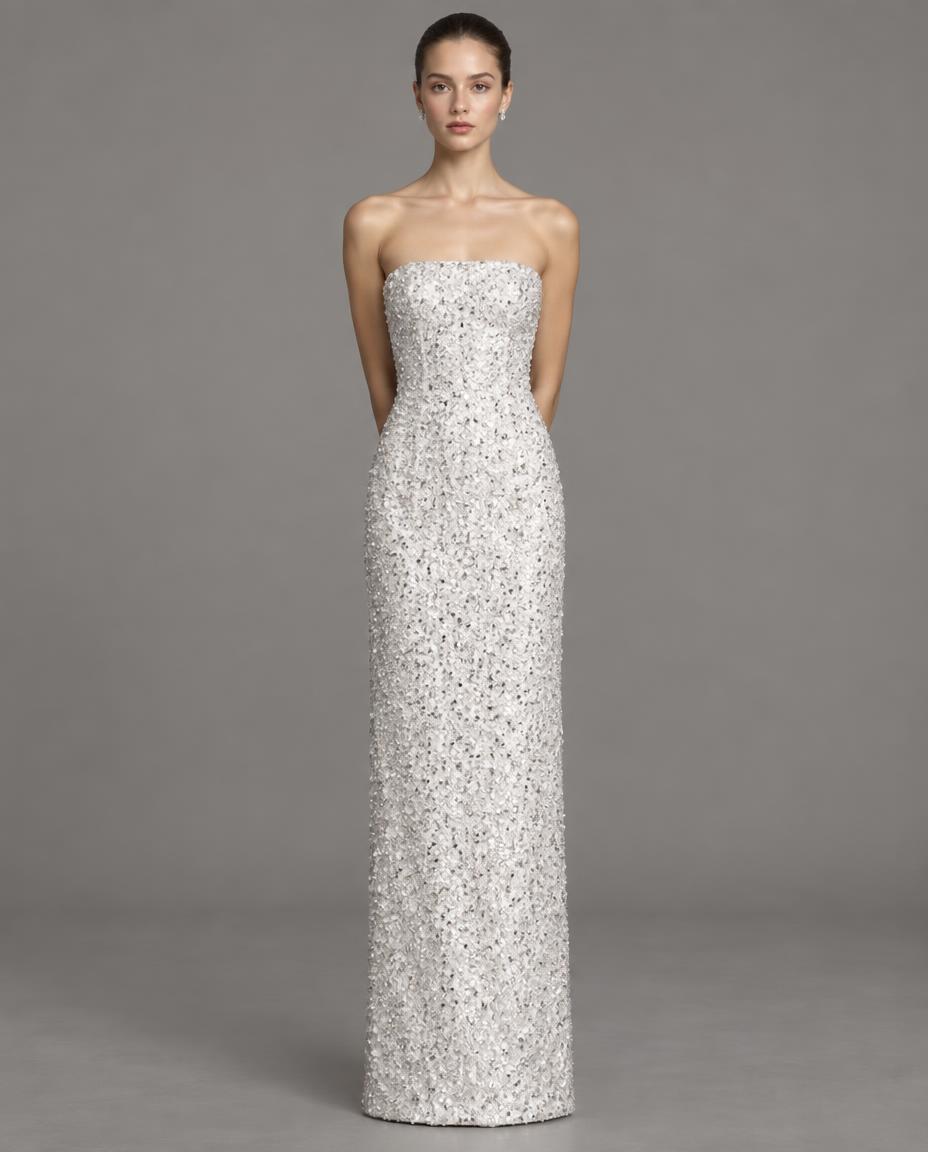 Blush satin couture gown embroidered with silver crystal vine work