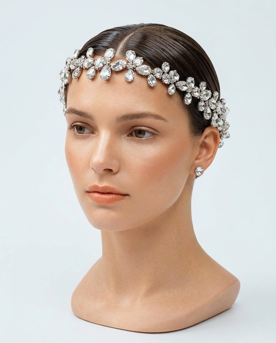 Crystal tiara of floral fancy stones arranged on a mannequin head